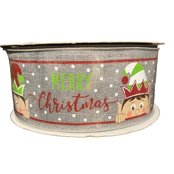 Merry Christmas Holiday Elf 100 Ft Spool Roll Ribbon Grey  Wired Edge 2.5” Bow - Picture 3 of 6